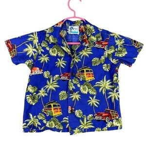 RJC Hawaiian Shirt Boys 5 Blue Made in‎ Hawaiia USA Camp Woody Vintage